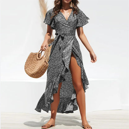 Floral Print Boho Long Chiffon Dress