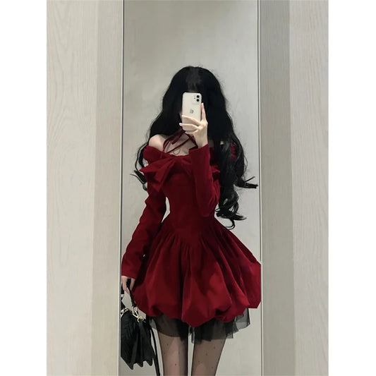 Slash Neck Red Velvet Dresse