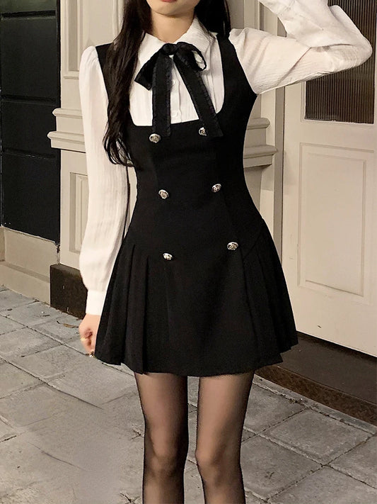 Fake Two Slim Chic Long Sleeve Bow Mini Dres