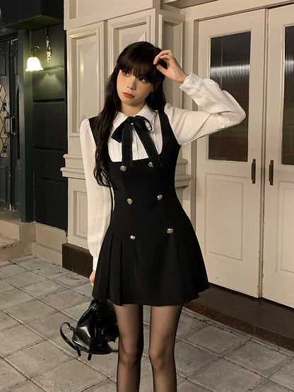 Fake Two Slim Chic Long Sleeve Bow Mini Dres