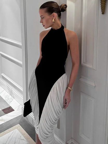 Halter Backless Gown Elegant Sleeveless Pleated Long Dress