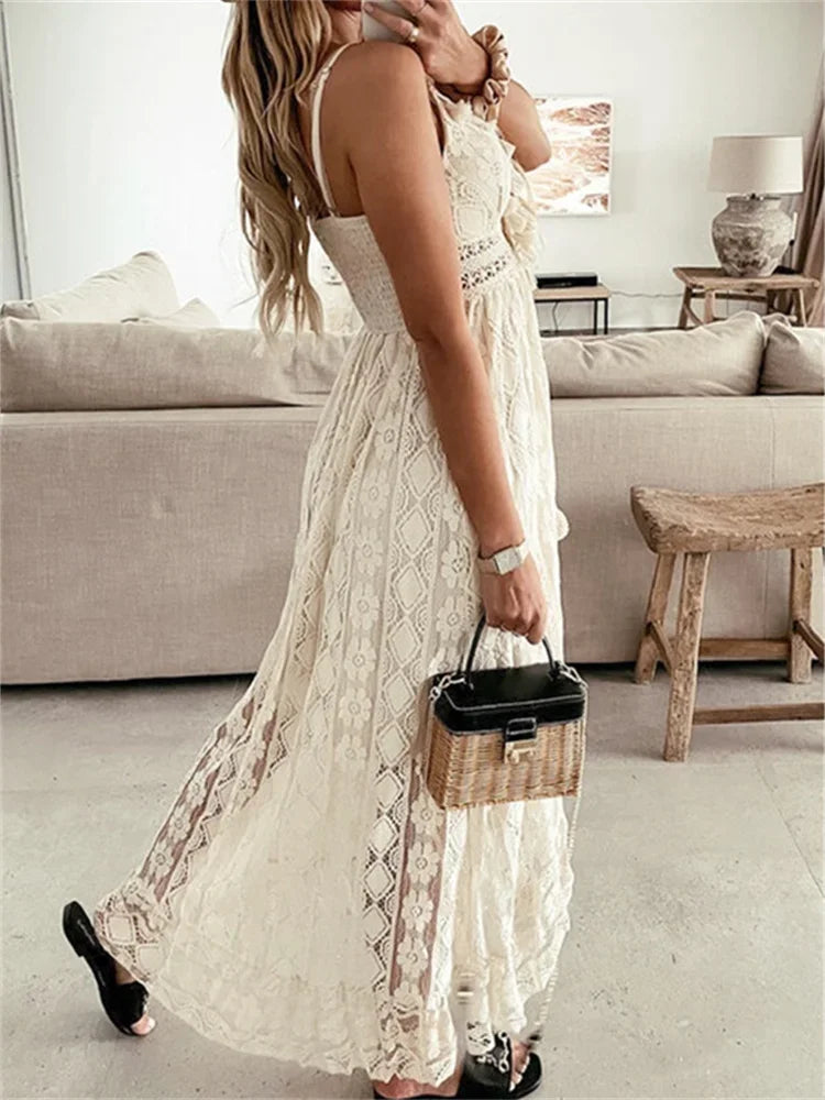 V Neck Flowy Ruffle Dress Retro Sexy Beach Holiday Dresses
