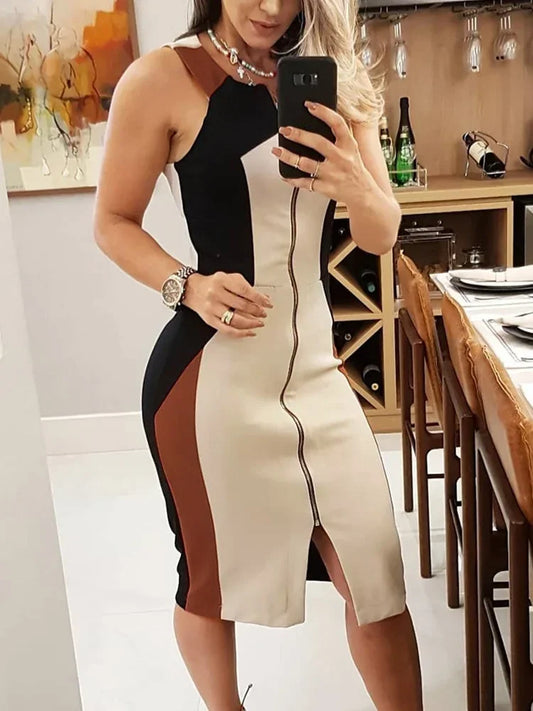 Colorblock Sleeveless Zipper Summer Dress