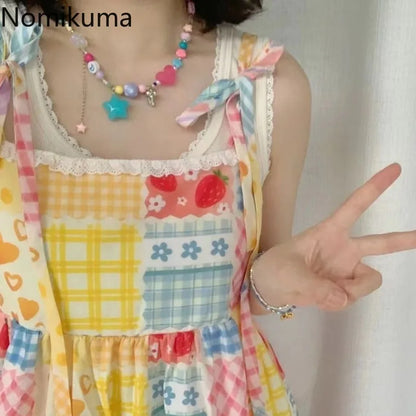 Cute Dress Bandage Patchwork Lace Contrast