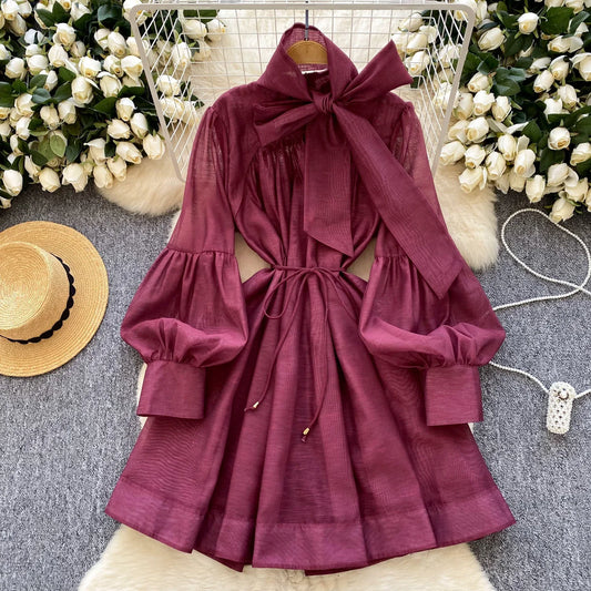 Vintage Lace-up Chic Lantern Sleeves Slim Long Dress