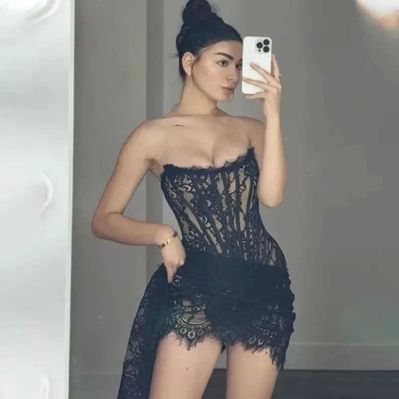 High Waist Lace Elegant Printed Strapless Slim Evening Dress