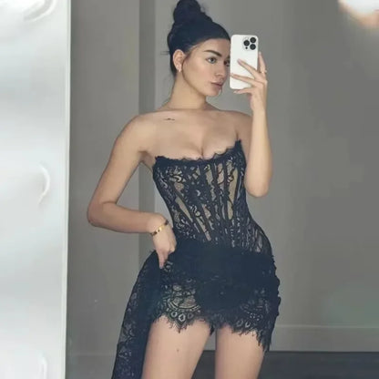 High Waist Lace Elegant Printed Strapless Slim Evening Dress