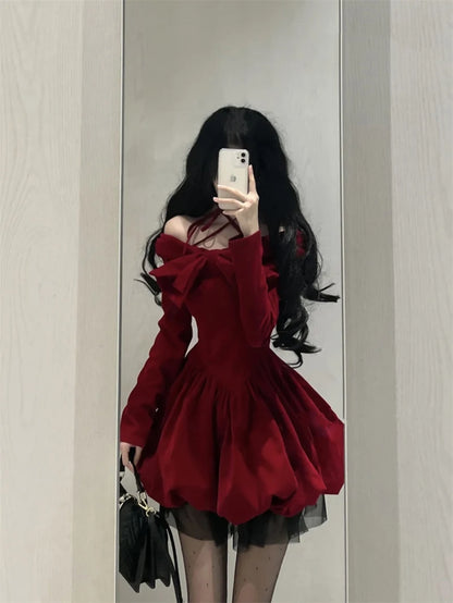 Slash Neck Red Velvet Dresse