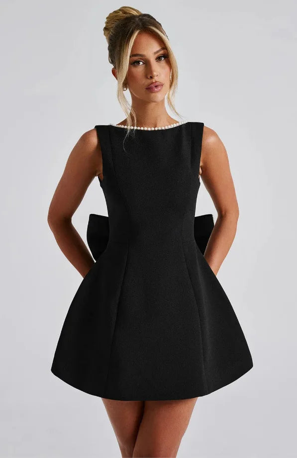 Elegant Pearl Bow Backless Short Dress