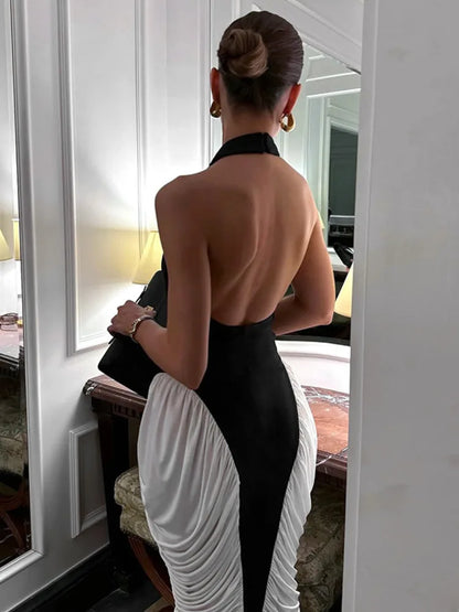 Halter Backless Gown Elegant Sleeveless Pleated Long Dress