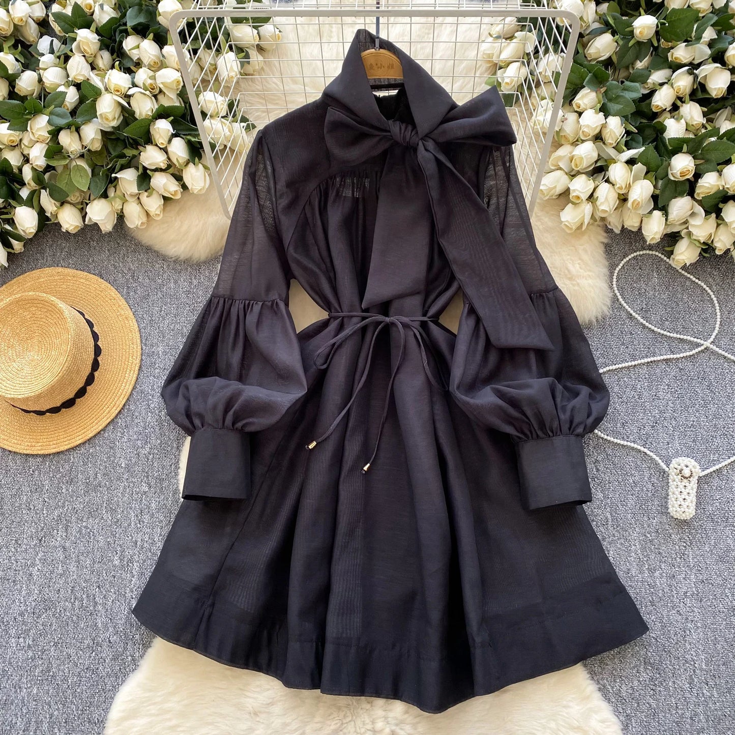 Vintage Lace-up Chic Lantern Sleeves Slim Long Dress