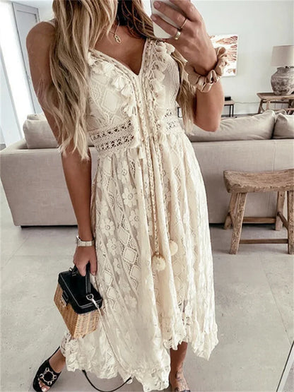 V Neck Flowy Ruffle Dress Retro Sexy Beach Holiday Dresses