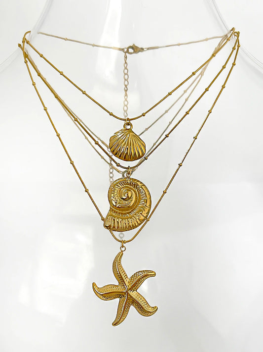 Starfish Stripe Conch Scallop Shaped Pendant Necklace