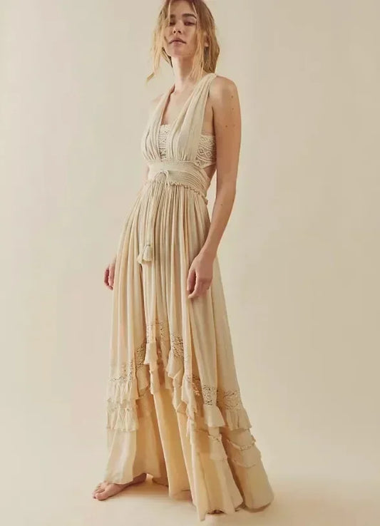 Boho Style Solid Color Lace Ruffled Sundress Mujer Vestidos