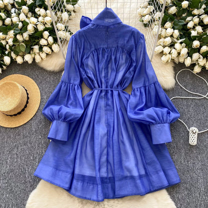 Vintage Lace-up Chic Lantern Sleeves Slim Long Dress