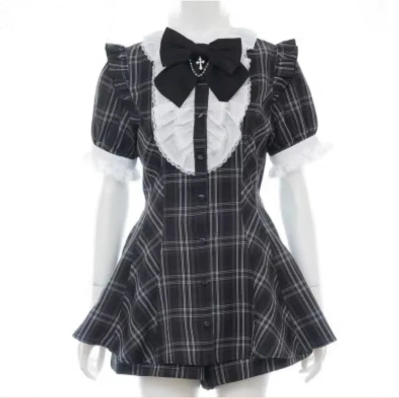 Gothic Y2k Lolita Plaid Rhinestone Bow Dress