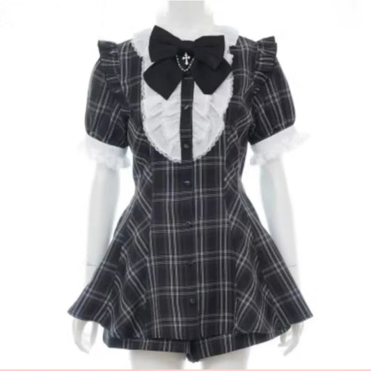 Gothic Y2k Lolita Plaid Rhinestone Bow Dress