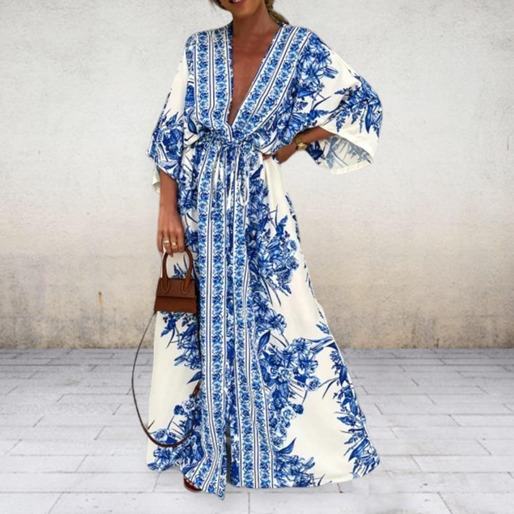 V-Neck Tie-Up Large Hem Maxi Dress