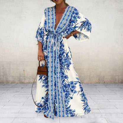 V-Neck Tie-Up Large Hem Maxi Dress