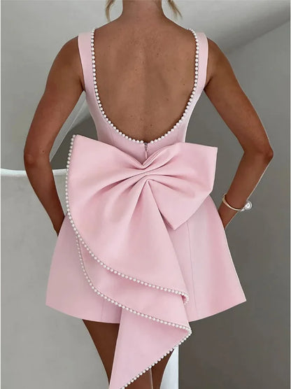 Elegant Pearl Bow Backless Short Dress