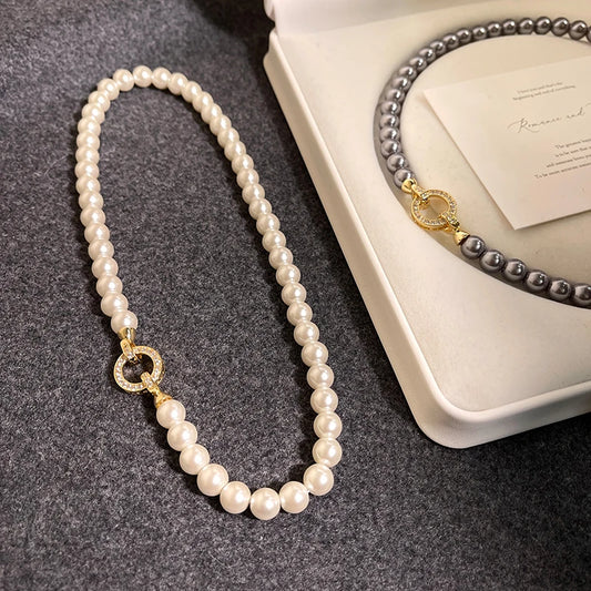 Zircon Round Buckle Imitation Pearl Beaded Necklace