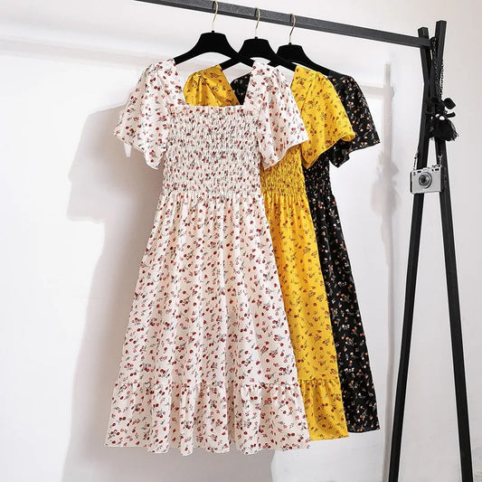 Chiffon Dress Women Midi Short Sleeve Elastic Waist Printed Floral Dress