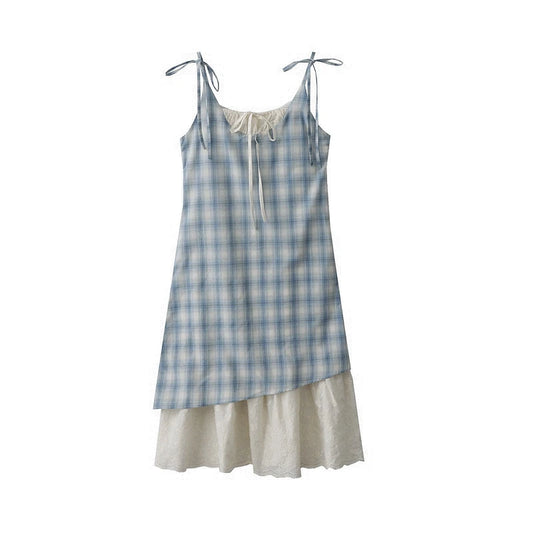 Fresh Plaid Lace Spliced Fake Two-piece Camisole Dresse