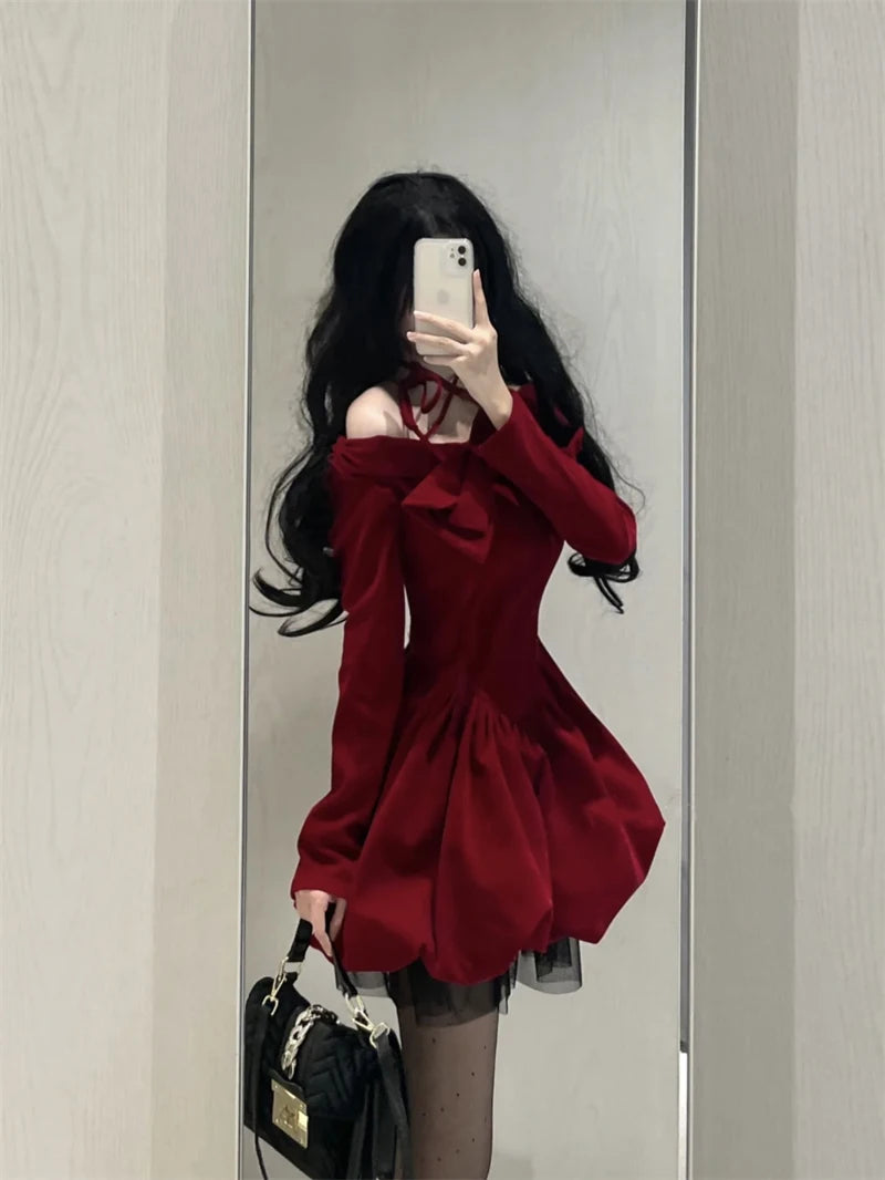 Slash Neck Red Velvet Dresse