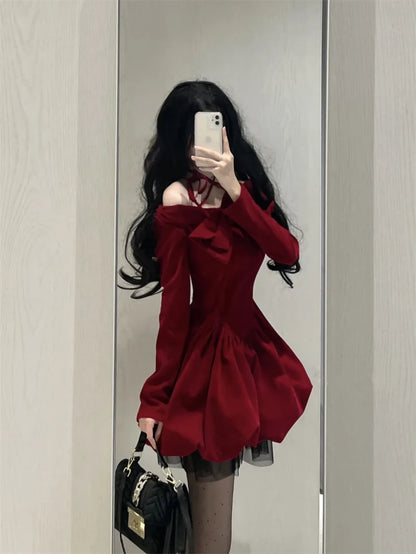 Slash Neck Red Velvet Dresse