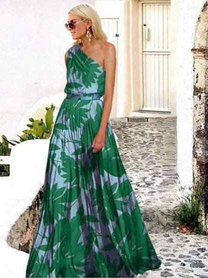 One Shoulder Print Off Loose Long Dress