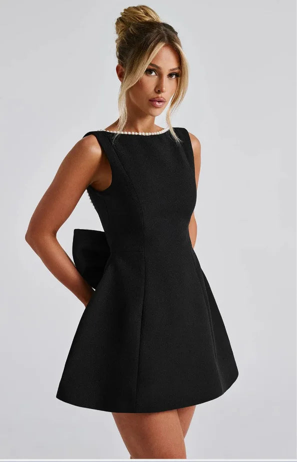 Elegant Pearl Bow Backless Short Dress