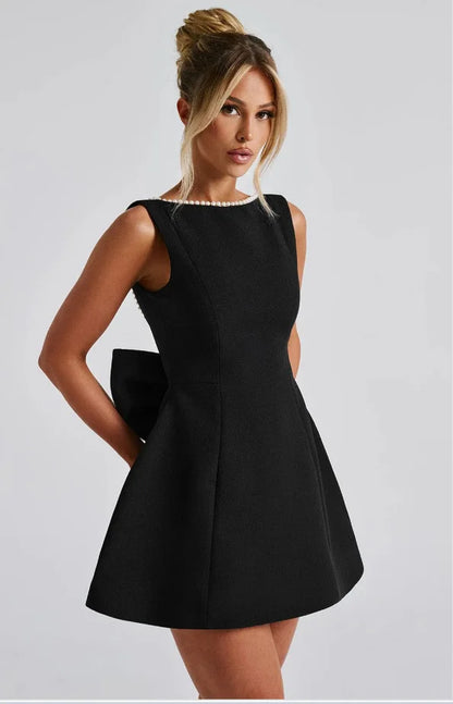 Elegant Pearl Bow Backless Short Dress