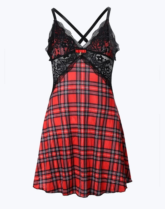 Plaid Print Crisscross Backless Sleep Dress [sleepwear]