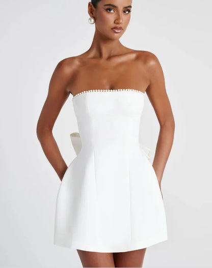 Elegant Pearl Bow Backless Short Dress
