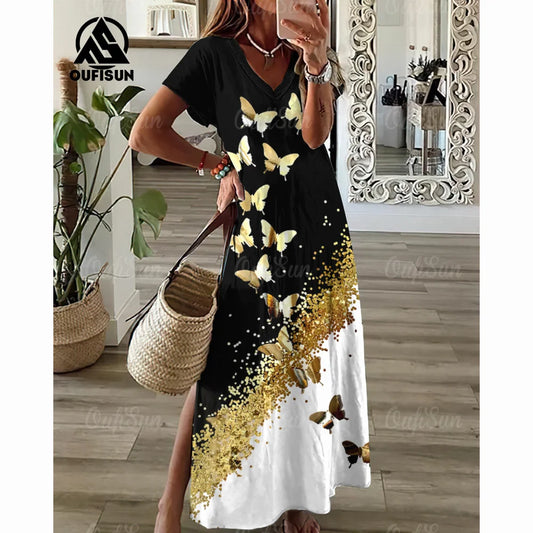 Butterfly Print Elegant Female Long Dress