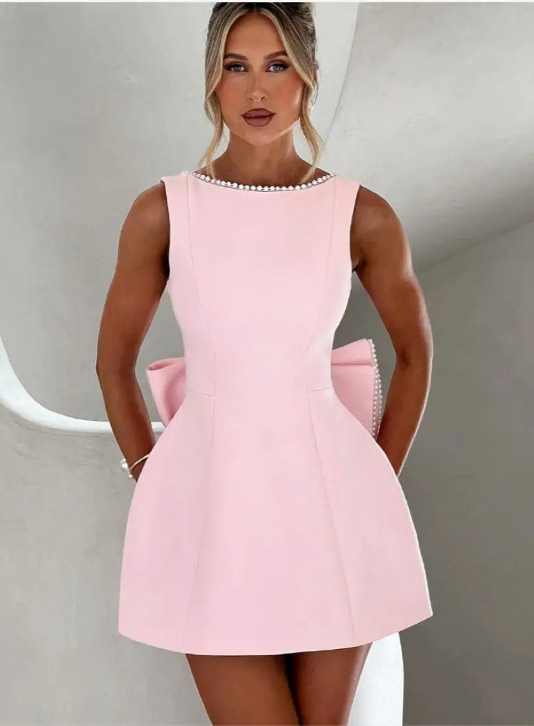Elegant Pearl Bow Backless Short Dress