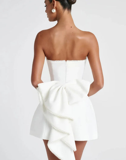 Elegant Pearl Bow Backless Short Dress