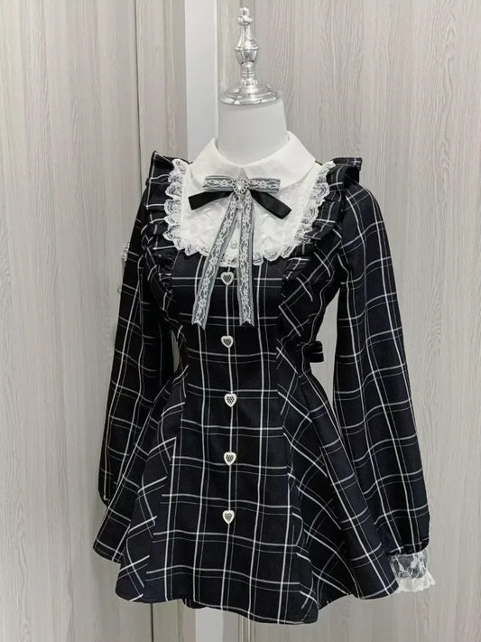 Sweet Bow Black Plaid Kawaii Lolita Dress
