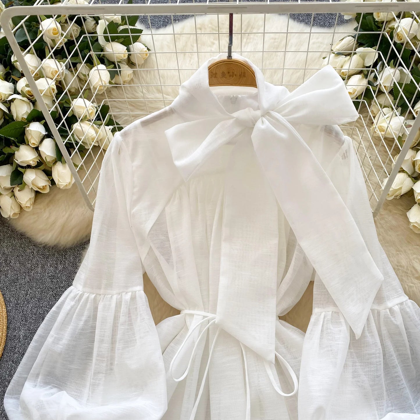 Vintage Lace-up Chic Lantern Sleeves Slim Long Dress