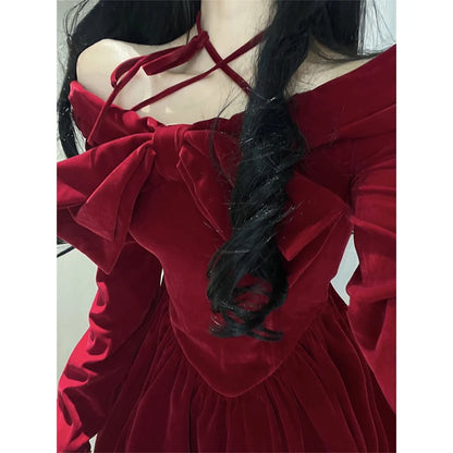 Slash Neck Red Velvet Dresse