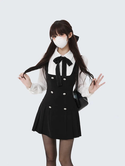 Fake Two Slim Chic Long Sleeve Bow Mini Dres