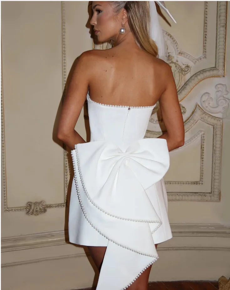 Elegant Pearl Bow Backless Short Dress