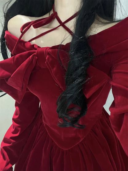 Slash Neck Red Velvet Dresse