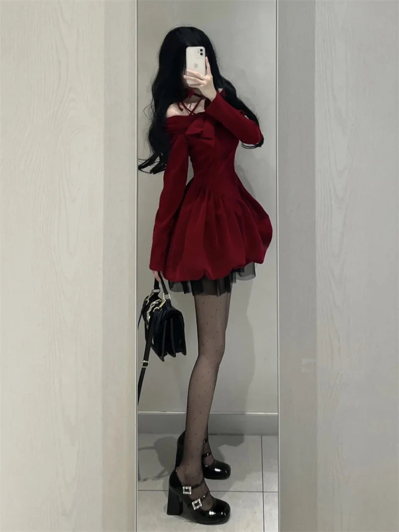 Slash Neck Red Velvet Dresse