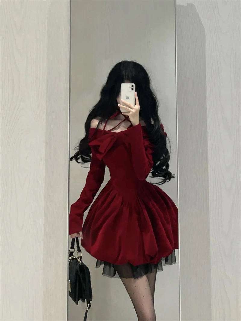 Slash Neck Red Velvet Dresse