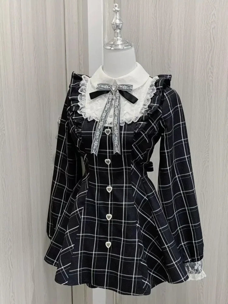 Sweet Bow Black Plaid Kawaii Lolita Dress