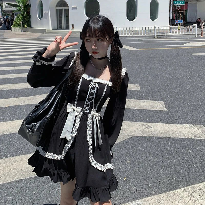 Sweet Bow Black Plaid Kawaii Lolita Dress