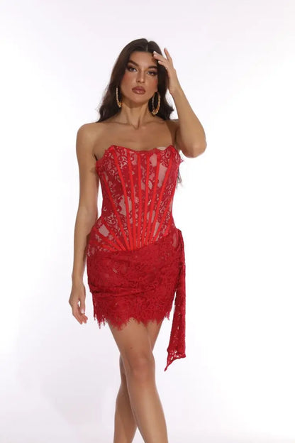 High Waist Lace Elegant Printed Strapless Slim Evening Dress