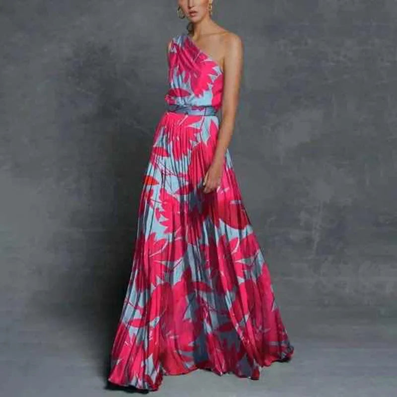 One Shoulder Print Off Loose Long Dress