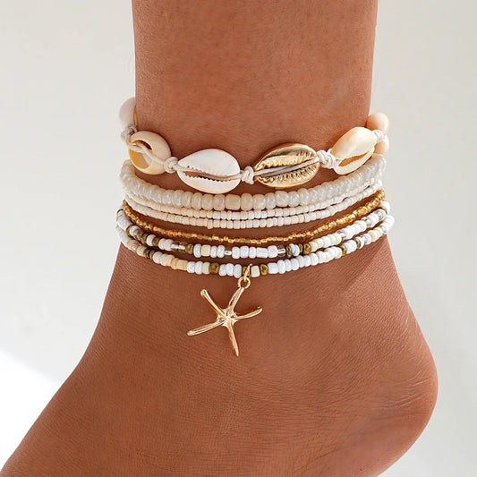 Rice Beads Starfish Pendant Anklet Set